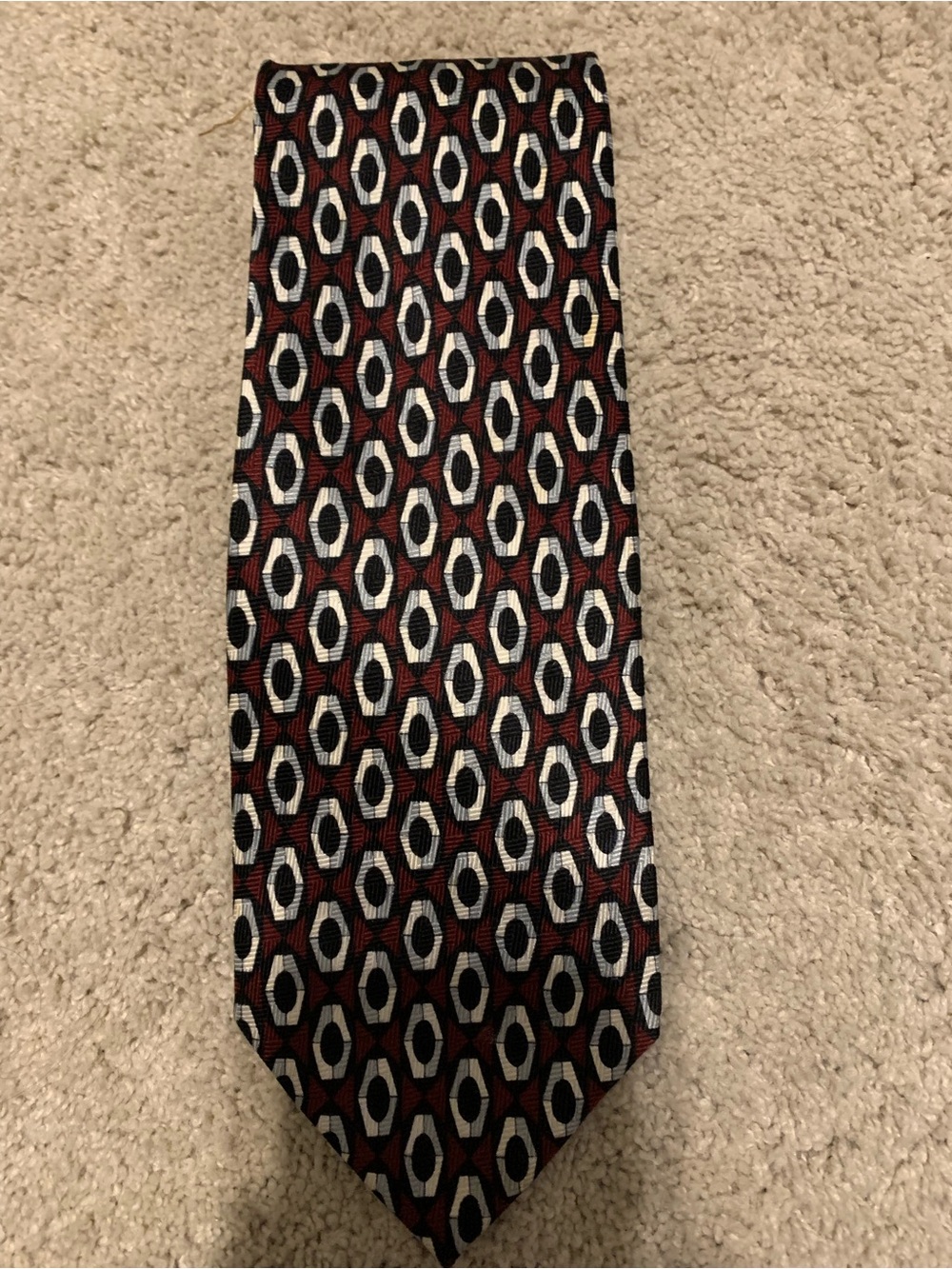 Daniel De Fasson Handmade Silk Tie Burgundy Black White Geometric